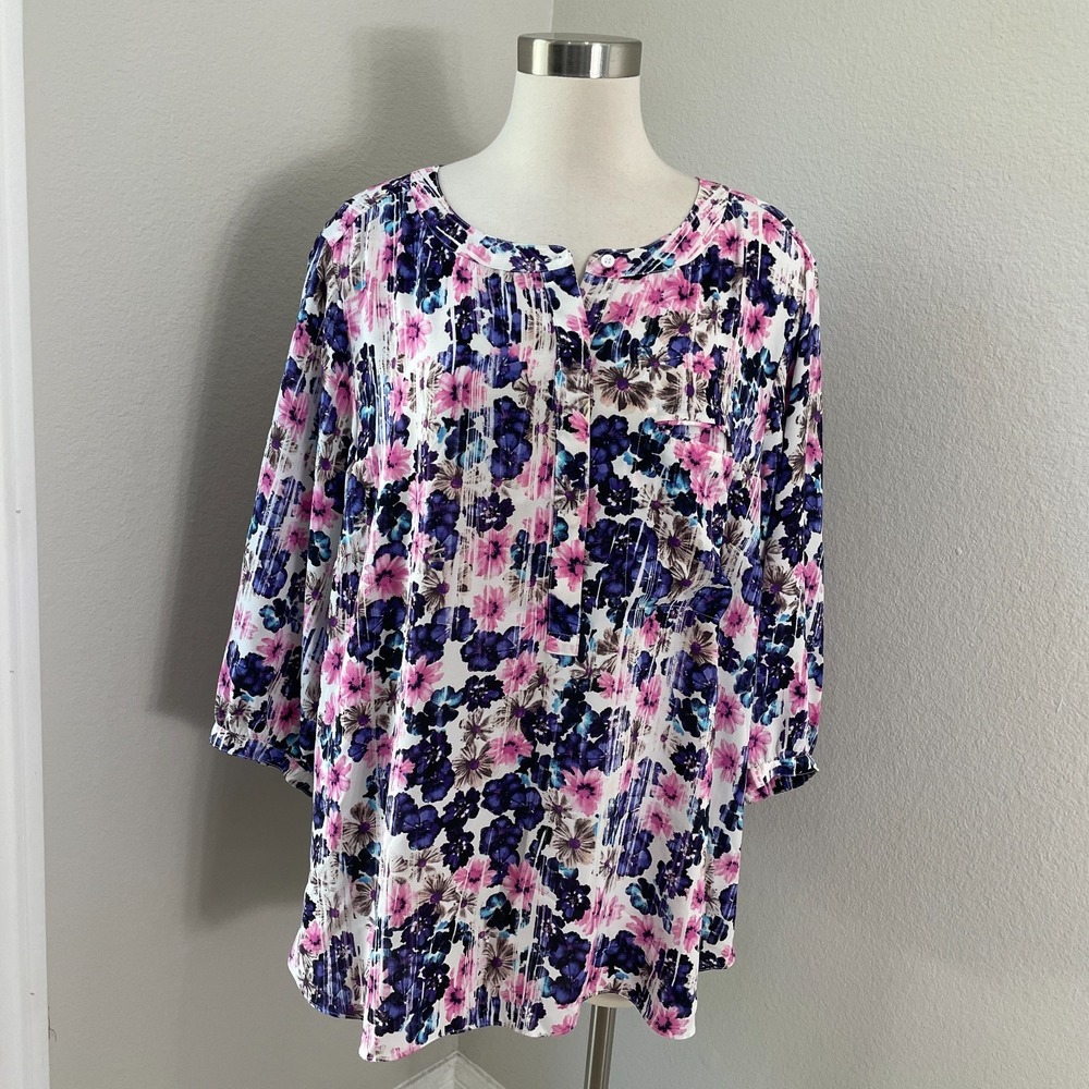 NYDJ Womens Plus 2X Blouse Floral 3/4 Sleeve Pullover Shirt‎ Top Pleated Back